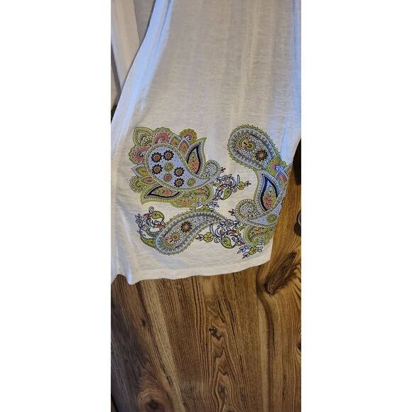 NWT Kim Rogers white open cardigan with blue/green Paisley print at bottom - Picture 2 of 6